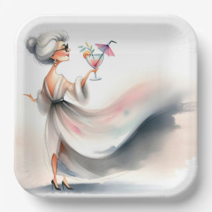 Classy Older Woman With Party Drink Paper Plates