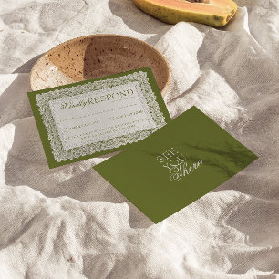 Classy Olive Green Lace Doily Old Money Wedding RSVP Card
