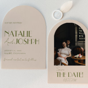 Classy Olive Green Old Money Arched Photo Wedding Save The Date
