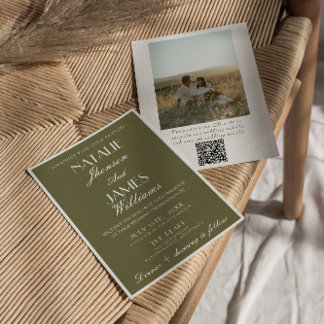 Classy Olive Green Old Money QR Code Photo Wedding Invitation