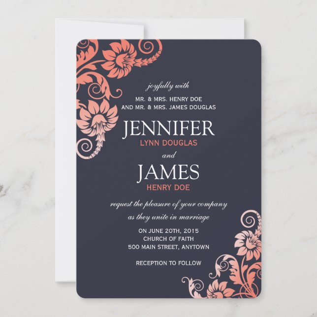 Classy Ombre Coral and Blue Wedding Invitations (Front)