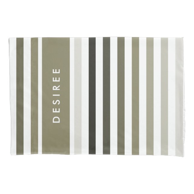Classy Ombre Stripes With Name in Olive Green Pillow Case (Front)