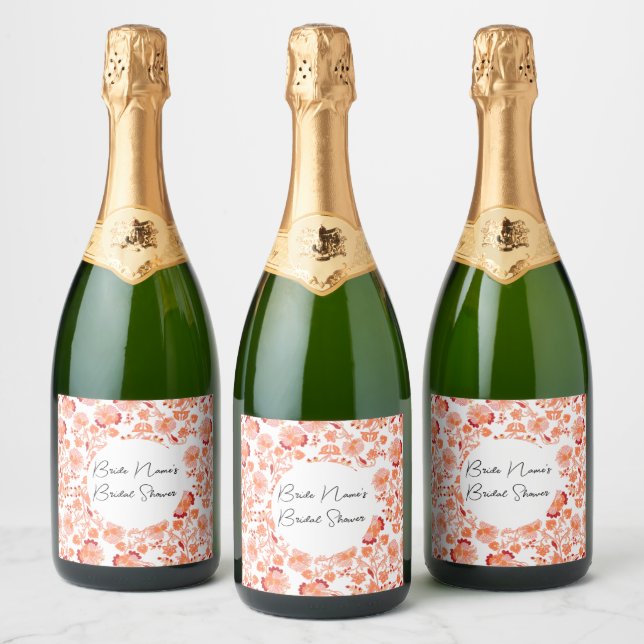 Classy Orange Floral Print Bridal Shower Sparkling Wine Label (Bottles)