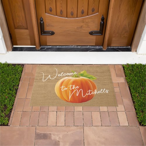 Classy Orange Pumpkin On Faux Jute Burlap Welcome Doormat
