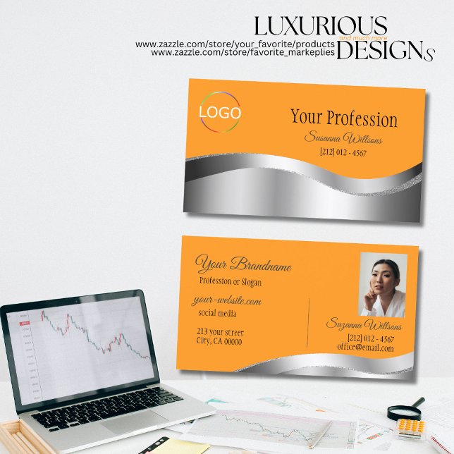 Classy Orange Wavy Silver Decor with Logo Photo Business Card (Creator Uploaded)