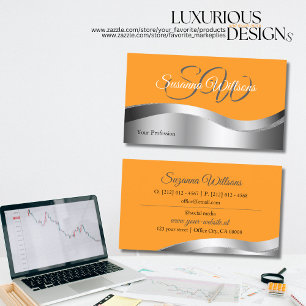 Classy Orange with Wavy Silver Decor and Initials Business Card