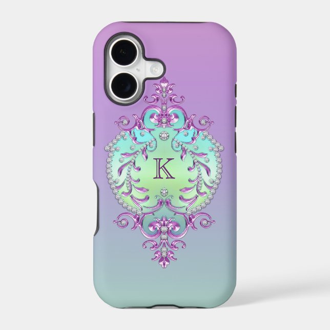 Classy, Ornate Diamonds Monogram Iphone Case (Back)