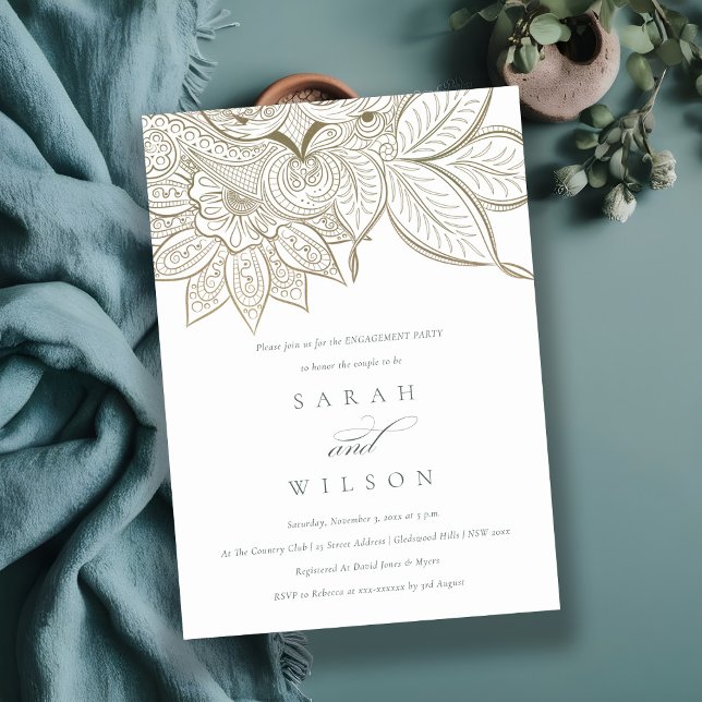 Classy Ornate Paisley Ivory Gold Engagement Invite (Creator Uploaded)