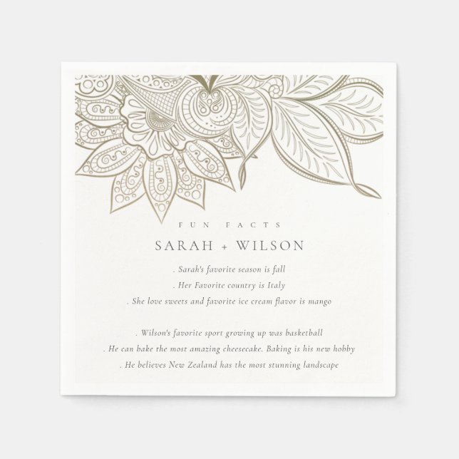 Classy Ornate Paisley Ivory Gold Wedding Fun Facts Napkins (Front)