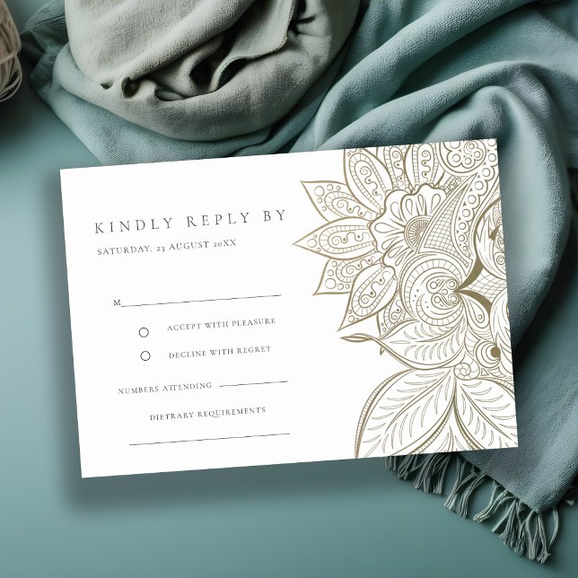 Classy Ornate Paisley Ivory Gold Wedding RSVP Enclosure Card (Creator Uploaded)