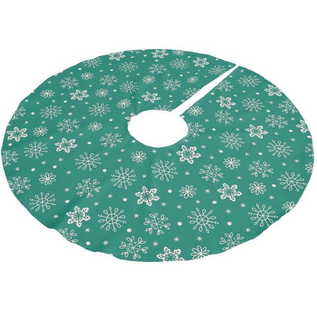Classy Ornate Snowflakes on Teal Green Brushed Polyester Tree Skirt (Angled)