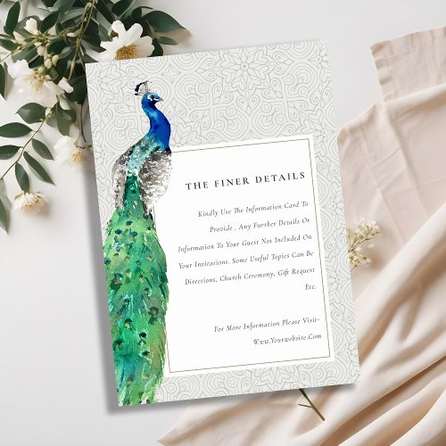 Classy Ornate Watercolor Peacock Wedding Details Enclosure Card