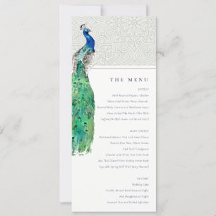 Classy Ornate Watercolor Peacock Wedding Menu Card