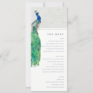 Classy Ornate Watercolor Peacock Wedding Menu Card