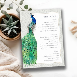 Classy Ornate Watercolor Peacock Wedding Menu Card