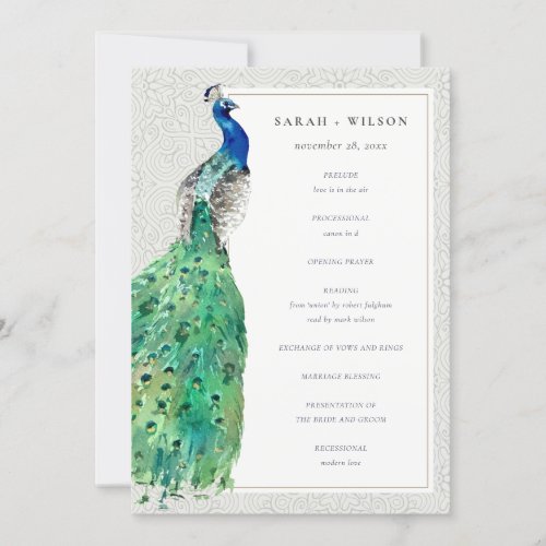 Classy Ornate Watercolor Peacock Wedding Program