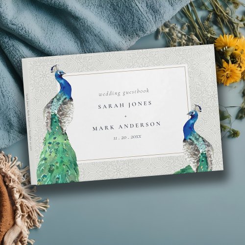 Classy Ornate Watercolor Peacock Wedding Welcome Guest Book