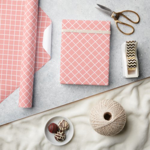 Classy Pastel Coral Orange White Check Pattern Wrapping Paper