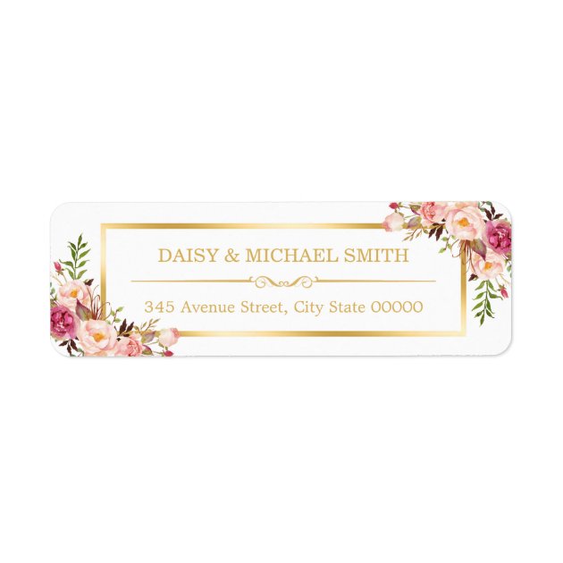 Classy Pastel Flowers White Chic Gold Frame Label