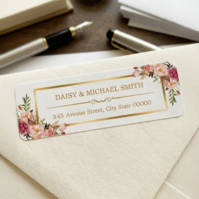 Classy Pastel Flowers White Chic Gold Frame Label (Creator Uploaded)