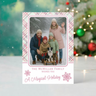 Classy Pastel Pink Red Light Green Plaid Holiday Letterpress Photo Cards