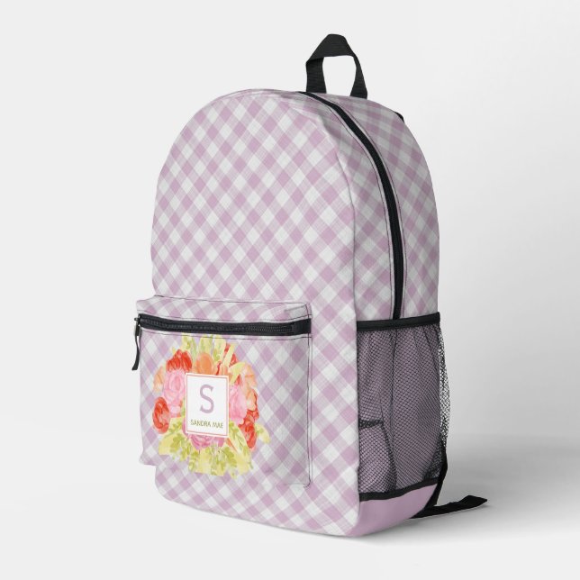 Classy Pastel Violet Pink Gingham Check Pattern Printed Backpack (Back Corner Right)
