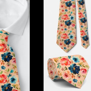 Classy Peach Pink Blue Watercolor Roses Neck Tie