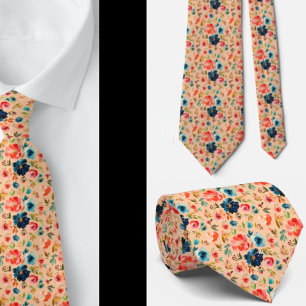 Classy Peach Pink Blue Watercolor Roses Neck Tie