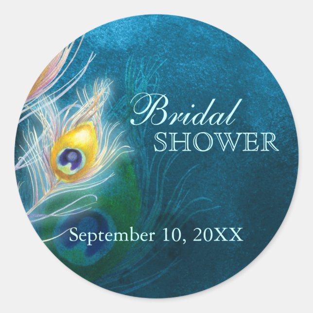 Classy Peacock Blue Bridal Shower Favor Classic Round Sticker (Front)