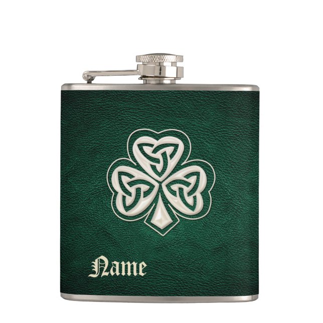 Classy pearl lucky shamrock leather personalized hip flask (Front)