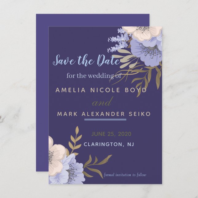Classy Periwinkle anemone Save the Date Invitation (Front/Back)