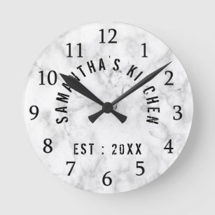 Classy Personalized White Marble Kitchen Round Clock