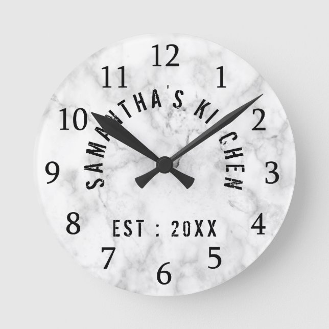Classy Personalized White Marble Kitchen Round Clock (Front)