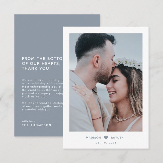 Classy Photo Dusty Blue Script with Heart Wedding Thank You Card (Front/Back)