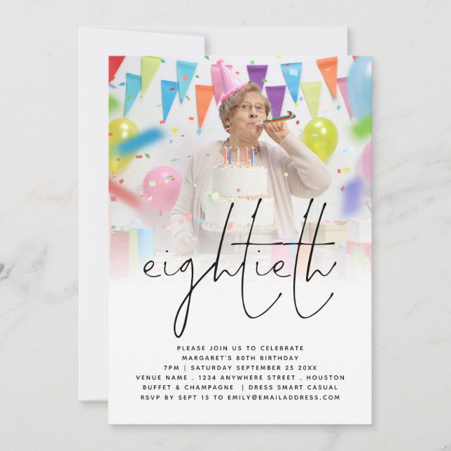 Classy Photo Overlay Script 80th Birthday Party Invitation (Front)