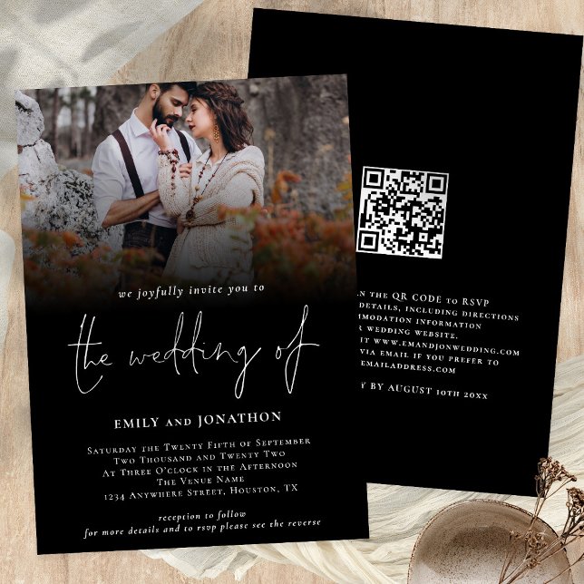 Classy Photo QR Code Script Wedding Black Invitation (Wedding invitation custom photo overlay black with QR code)