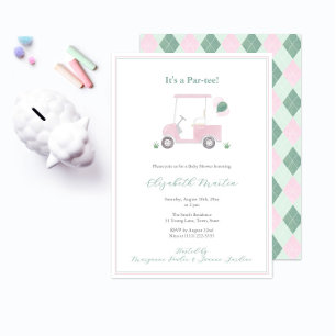 Classy Pink And Green Golf Cart Baby Girl Shower Invitation