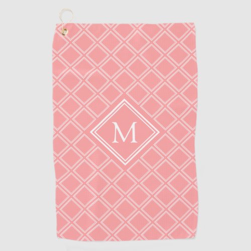 Classy Pink and White Diamond Pattern Monogram Golf Towel
