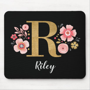 Classy Pink Black Girly Monogram Initial Letter R Mouse Pad