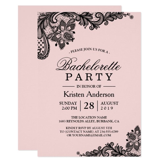 Classy Pink Black Lace Bachelorette Party Invitation