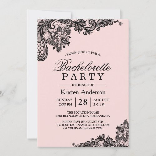 Classy Pink Black Lace Bachelorette Party Invitation