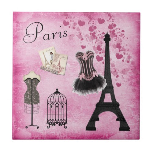 Classy Pink Black Paris Fashion Eiffel Tower Tile