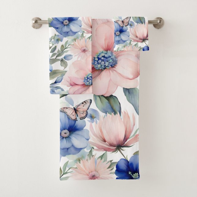 Classy Pink & Blue Flower Bunch Bath Towel Set (Insitu)