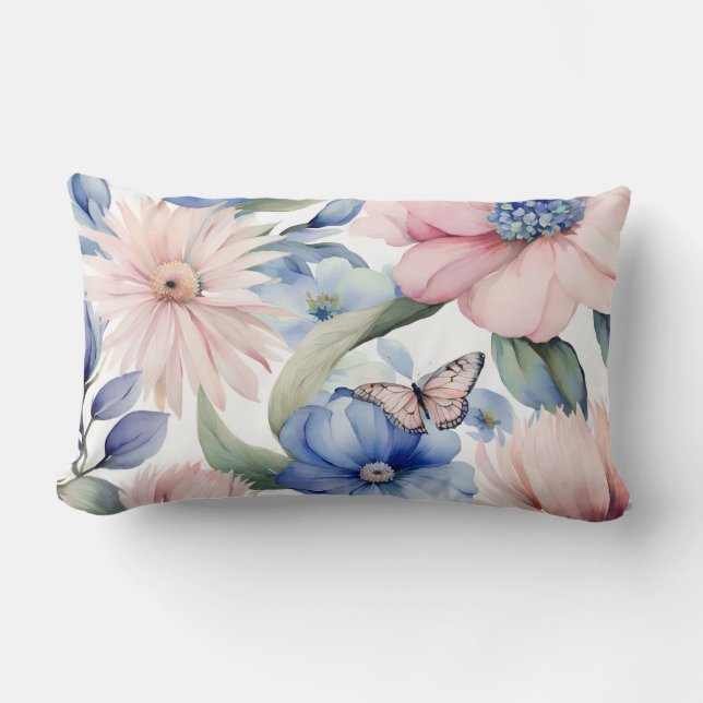 Classy Pink & Blue Flower Bunch Lumbar Pillow (Front)