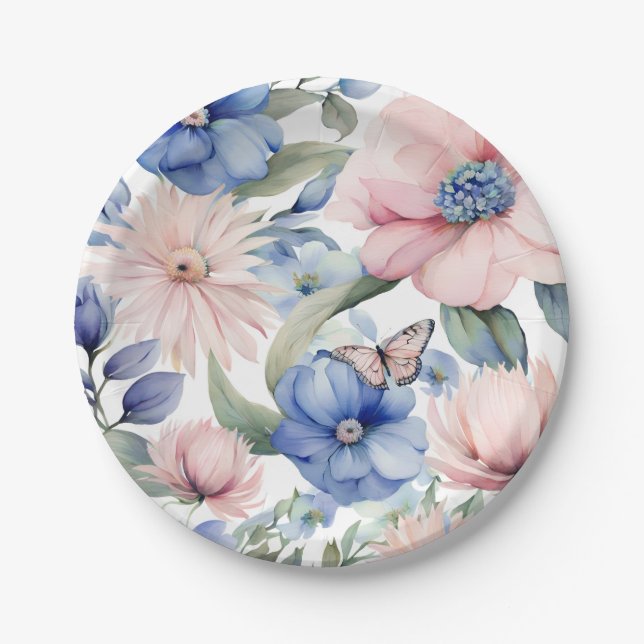 Classy Pink & Blue Flower Bunch Paper Plates (Front)