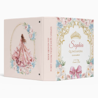 Classy Pink Bow Floral Quinceanera 3 Ring Binder