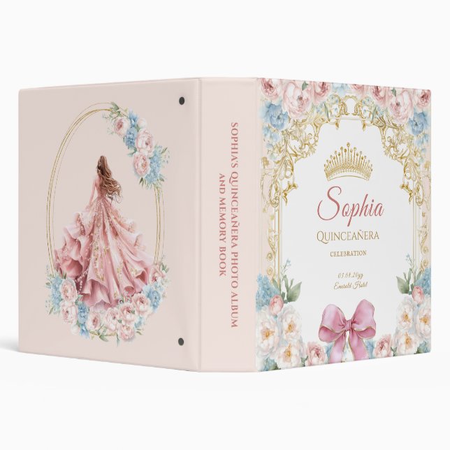 Classy Pink Bow Floral Quinceanera 3 Ring Binder (Background)