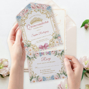 Classy Pink Bow Floral Quinceañera All In One Invitation