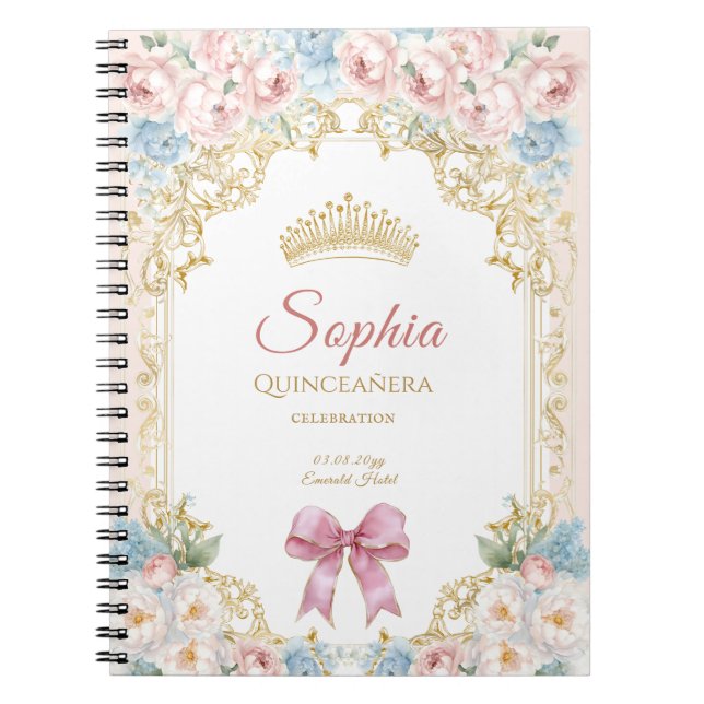 Classy Pink Bow Floral Quinceanera Notebook (Front)