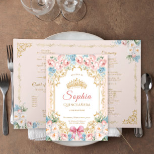 Classy Pink Bow Floral Quinceanera Program Card